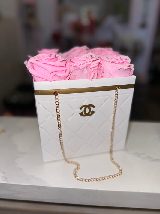 Pink Preserved Roses in a Chanel Gift Bag